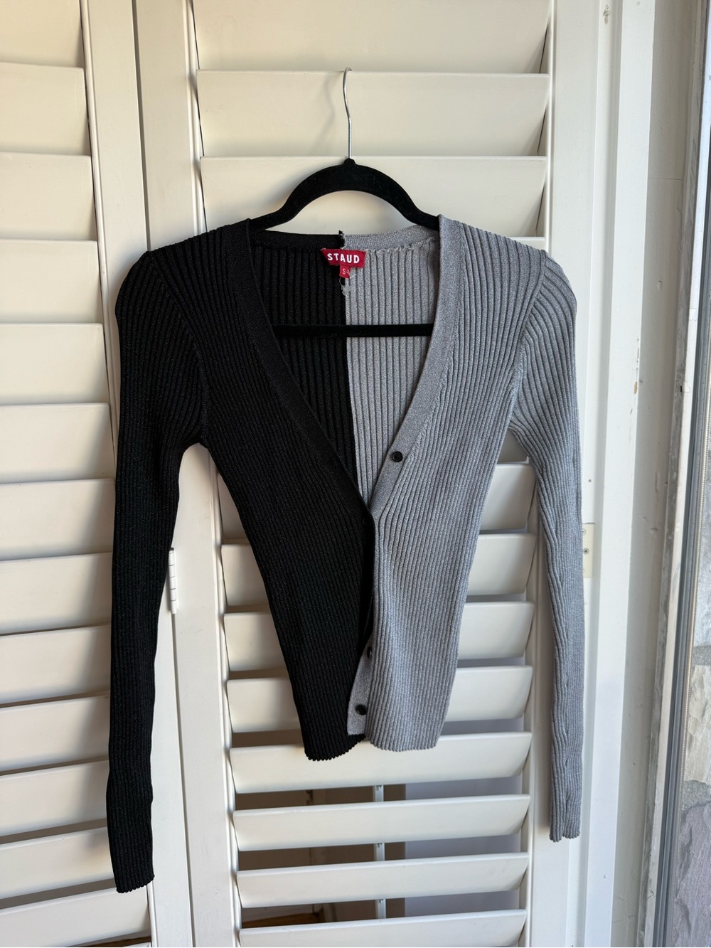 STAUD Two-Tone Ribbed V-Neck Cardigan - Black & Gray